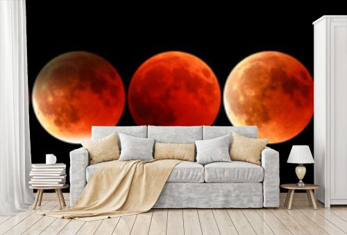 Banner astronomical background. Full red moon phases by night. The total phases of the lunar eclipse. Wide panorama.