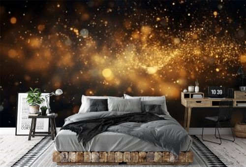 Luxury golden clouded bokeh dust on black backgrounds, ai generative