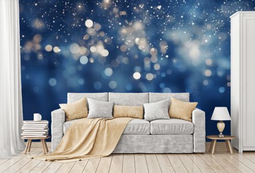 Shiny Background of Navy Blue Bokeh Lights. Festive Wallpaper for Holidays and Celebrations