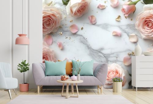 Stunning photorealistic top-view of a white marble background with blush pink roses and gold leaf accents, creating an opulent and minimalistic look.