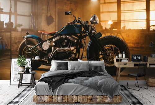 Custom Bobber Motorbike Standing in an Authentic Creative Workshop. Vintage Style Motorcycle Under Warm Lamp Light in a Garage.