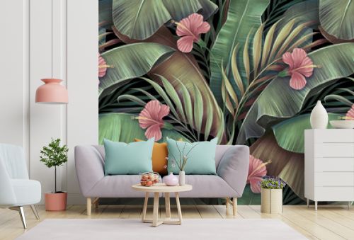 Tropical seamless pattern with hibiscus flowers, beautiful palm, banana leaves. Hand-drawn vintage 3D illustration. Glamorous exotic abstract background art design. Good for luxury wallpapers, clothes