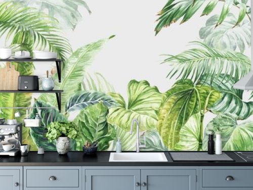 Watercolor tropical wall mural with palm tree leaves. Watercolour illustration.