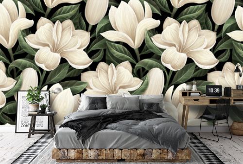 Magnolia flowers, floral background, tropical seamless pattern, luxury wallpaper. Green leaves. Dark vintage hand-painted watercolor 3d illustration. Printable modern art, stylish hd mural, tapestry