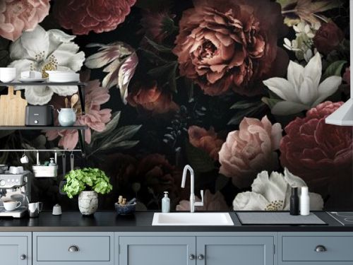 Rose wallpaper design with watercolor effect, pattern design, textile fabric, mural art.