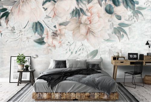 Big flowers. Floral background with oil pinting flowers on marble, can be used as wallpaper. 