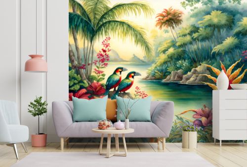 Watercolor tropical summer paradise scene with river, leaves. flowers, and birds. Generative AI.