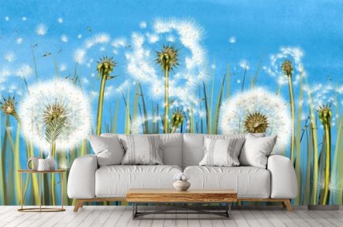 3d mural interior wallpaper.Many dandelions with green grass on light blue watercolor background with fly flower.Wall art for living room decor.Floral trendy background in vintage style for fabric