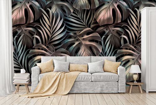 Tropical seamless pattern with monstera, palm leaves on dark background. Exotic vintage 3d illustration. Graduation pink blue colors. Glamorous abstract art design. Good for luxury wallpapers, clothes