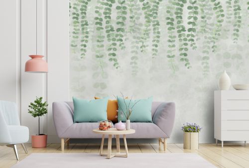 The painted leaves on top. Photo wallpapers for the wall. Mural in the living room. Watercolor leaves. Tropical leaves on a gray background.