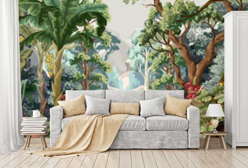 Jungle wallpaper with trees and tropical plant. Vector.