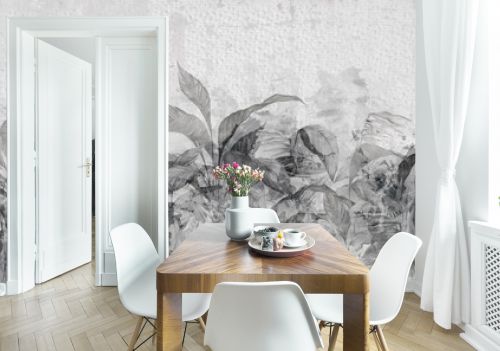 art drawing on a watercolor texture background tropical leaves in gray tones wall murals in the interior