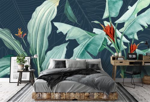 Tropical plants wallpaper design, banana leaf, big leaf, bacground, mural art.