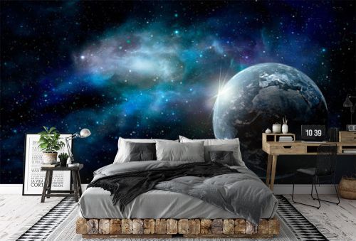 Space scene. Earth planet with blue nebula. Elements furnished by NASA. 3D rendering