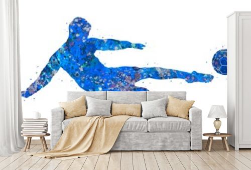 Soccer Player Shoot blue watercolor art, abstract sport painting. blue sport art print, watercolor illustration artistic, decoration wall art.