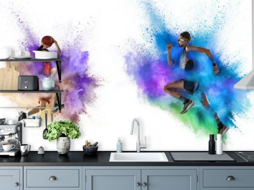 Collage made of portraits of fit men and woman in action, motion in explosion of paints and colorful powder. Sport, fashion, show concept
