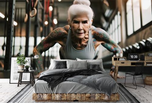 Portrait of elderly grey tattooed woman doing push ups in the gym, active seniors background, healthy lifestyle concept 