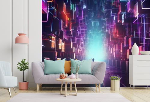 Produce a futuristic geometric abstract image with neon lines and cyberpunk aesthetics, immersing viewers in a digital world.