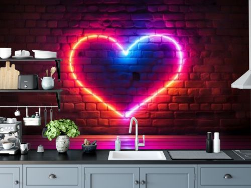 Vibrant neon heart illuminating a rustic brick wall - a symbol of love and romance for urban valentine’s day celebrations