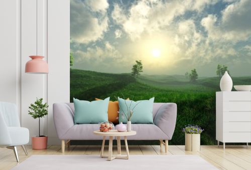 Beautiful green grass meadow in the fog at sunrise, 3D rendering.