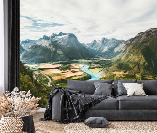 Landscape Mountains valley and river in Norway Travel scenery scandinavian nature Andalsnes Rampestreken viewpoint summer aerial view