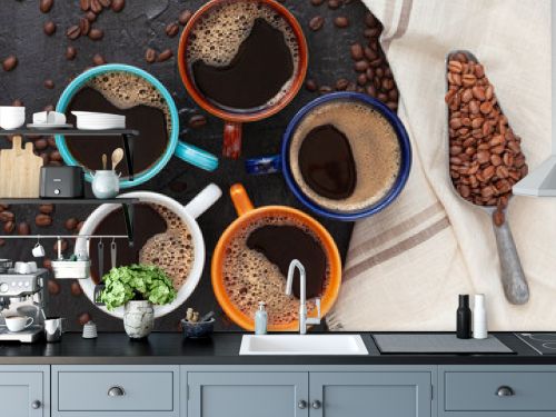 coffee cup assortment top view collection, on rustic surface with coffee beans spoon and napkin