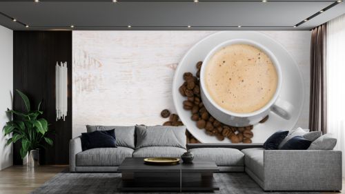 cup of coffee, cappuccino with grains. on white wooden background