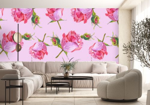 Watercolor roses. Flowers on a Pink background. illustration.Seamless pattern.