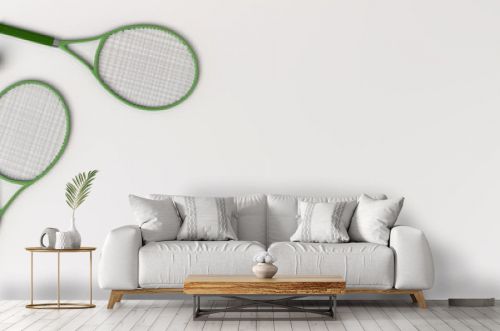 Background with rackets and tennis ball. Sport and fitness after work. Exercise in the gym. Workout. 3d illustration. Copy space.