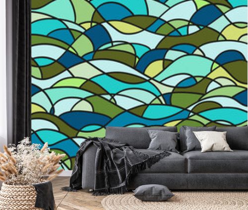 Stained-glass window. Pattern with lines and waves. Universal texture. Dinamic geometric background. Lineal wallpaper. Print for polygraphy, t-shirts and textiles. Decorative style. Line art creation