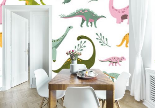 Seamless pattern with cute hand drawn dinosaurs.Sketch Jurassic,mesozoic reptiles.Various dino characters.Prehistoric illustration with herbivores and predator animals.Childish print,wrapping paper