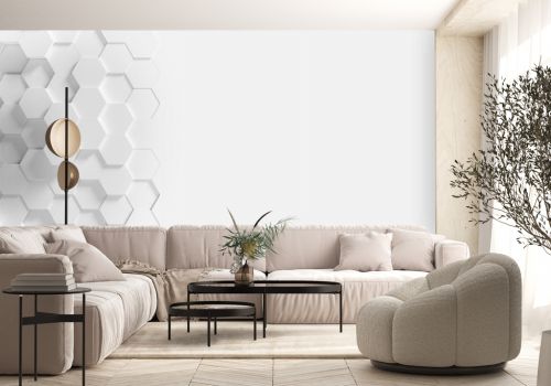 Panoramic Wall of Random shifted white honeycomb hexagon background wallpaper with copy space.