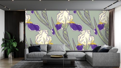 Decorative iris flowers silhouettes seamless floral pattern. Pale blue background. Botanic backdrop.