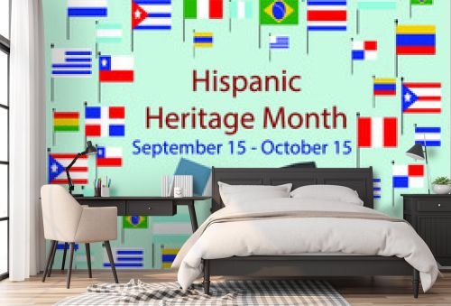 Flags of America with text inscription. National Hispanic Heritage Month. September 15 to October 15. Cultural and ethnic diversity. 