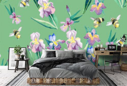 Iris flowers and bees on a green background a seamless pattern for the fabric of a romantic summer retro