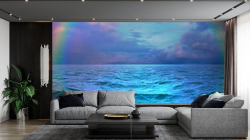 3d illustration of a beautiful seascape with clouds and a rainbow after rain bright blue color reflection of the rainbow in the water