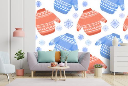 Seamless pattern with illustration of cute blue and red sweaters with snowflakes on a white background