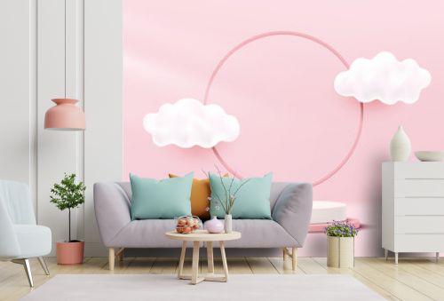 Abstract White, Pink 3D cylinder pedestal podium with cloud flying and circle ring backdrop. Pastel pink minimal scene for product display presentation. Vector geometric rendering platform design.