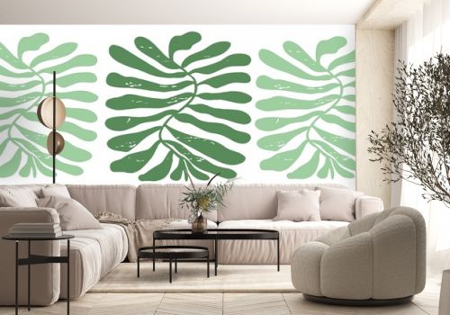 Set of illustrations with green leaves for wallpaper, wrapping paper 