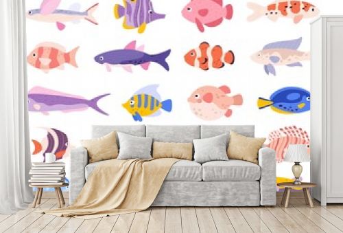 Decorative cartoon tropical sea coral fishes for aquarium. Clown, lion, angel, guppy and flying fish. Ocean underwater exotic pet vector set