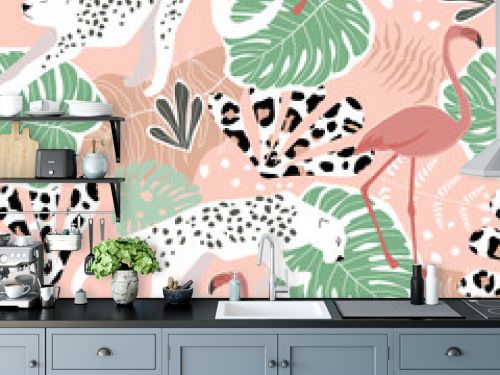 Seamless pattern with tropical exotic ornament with palm leaves, flamingos bird and leopard. Summer abstract animal print. Vector graphics.