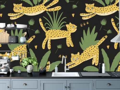 Seamless pattern with leopards and jungle leaves on colored background. Children's illustration. Funny animals wallpaper. Hand drawn design for fabric, wallpaper, paper for kids room