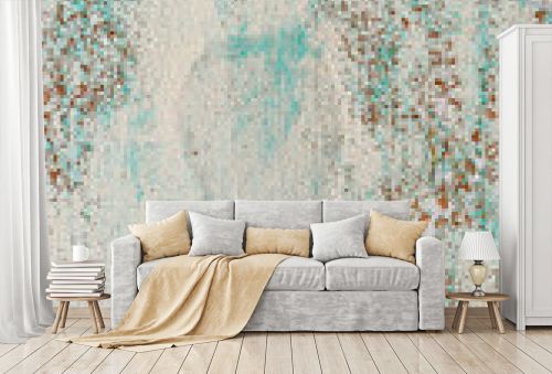 Peeling detailed beige and turquoise paint on wooden wall