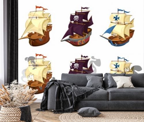 Set of old wooden ships with different flags. Pirate vessels and battleships with cannons and skulls on black sails. Broken ships in a fire on white background. Cartoon style vector illustration.