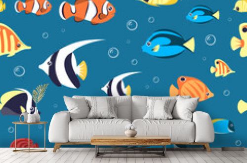 fishes pattern. underwater life with exotic colored aquarium animals and fishes illustrations. Vector seamless background