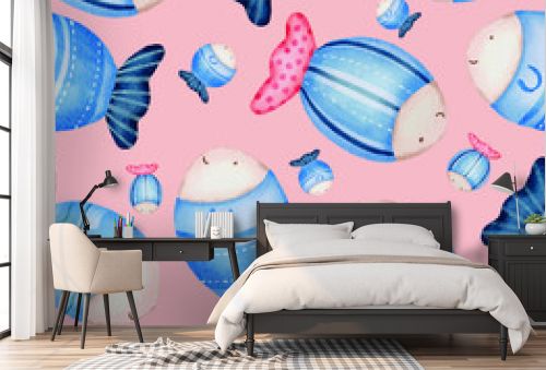Blue Fishes Seamless pattern with pink Background