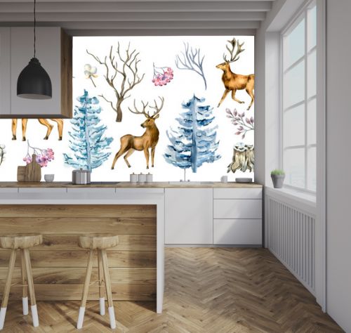 Set of deer and winter plants watercolor illustration isolated on white background.