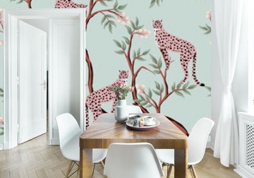 Cheetah animals, tree seamless pattern. Exotic botanical floral wallpaper.