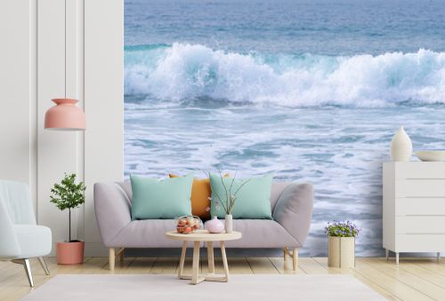 Panorama of ocean waves on a tropical sea with deep blue wawes. Calm sea water, sea foam, ocean background. Panoramic landscape.