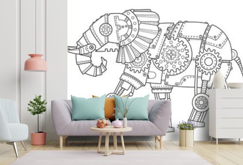 Steam punk style elephant coloring book PNG illustration with transparent background